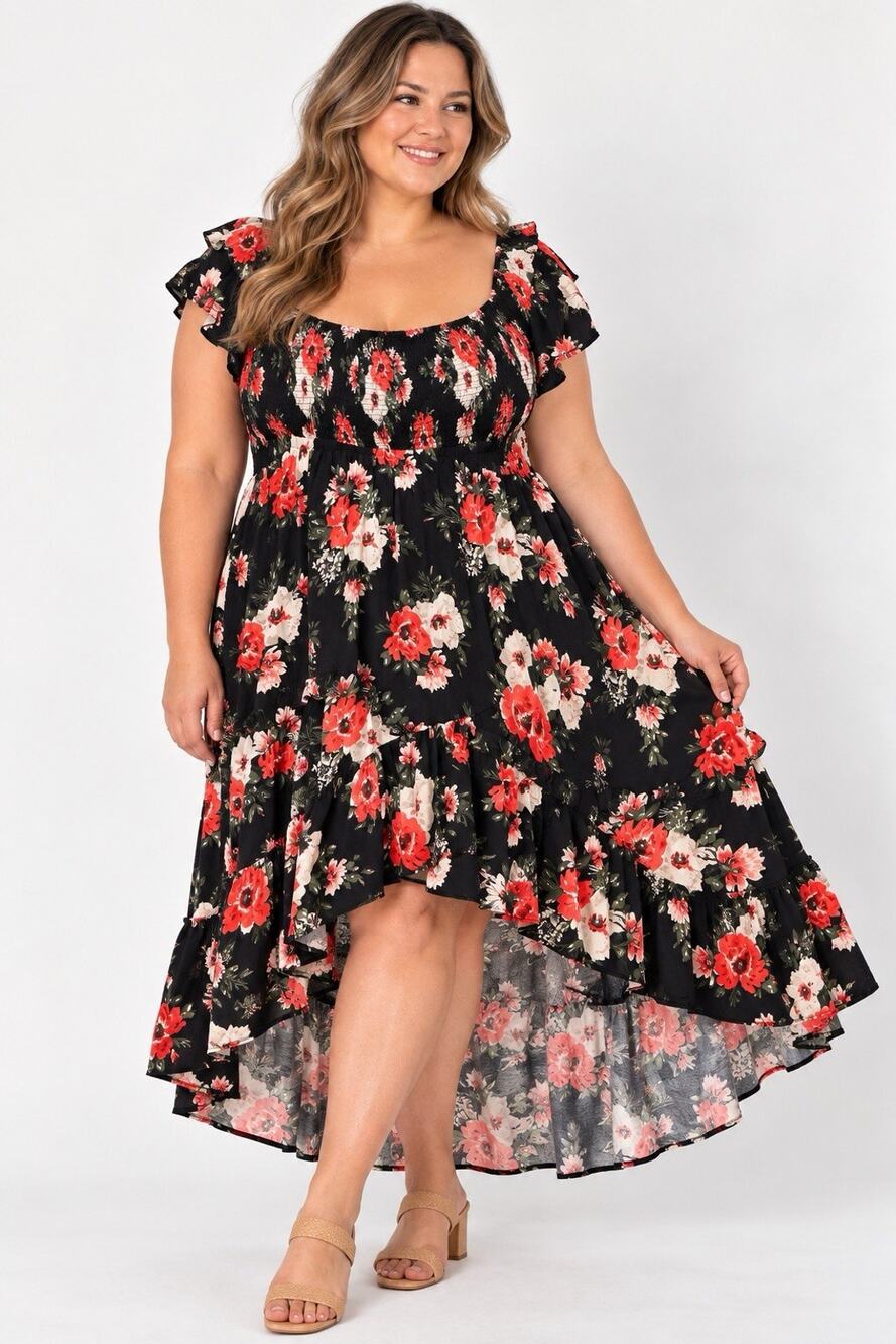 Torrid Plus Size 4 Black Floral Smocked Ruffle Midi Dress Wedding Party Date